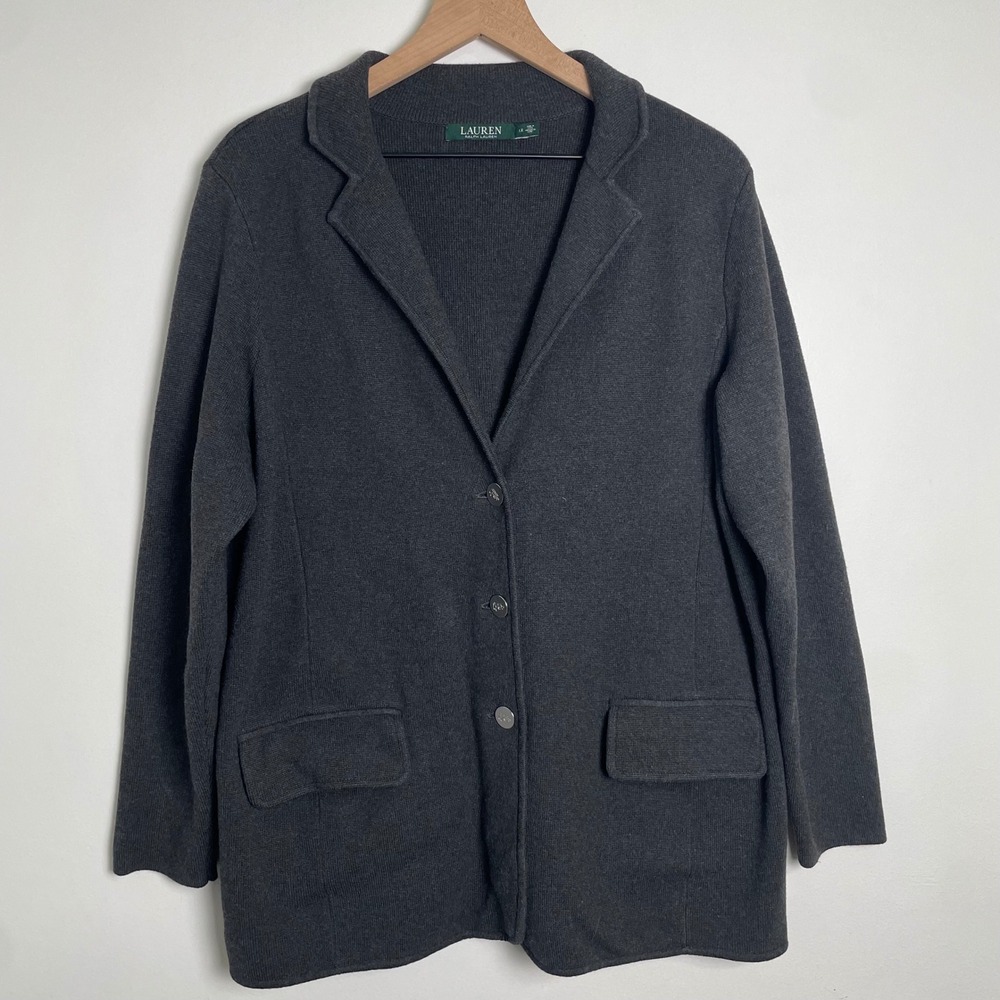 Lauren Ralph Lauren Sweater Blazer Women 1X Gray Knit Button Preppy Quiet Luxury